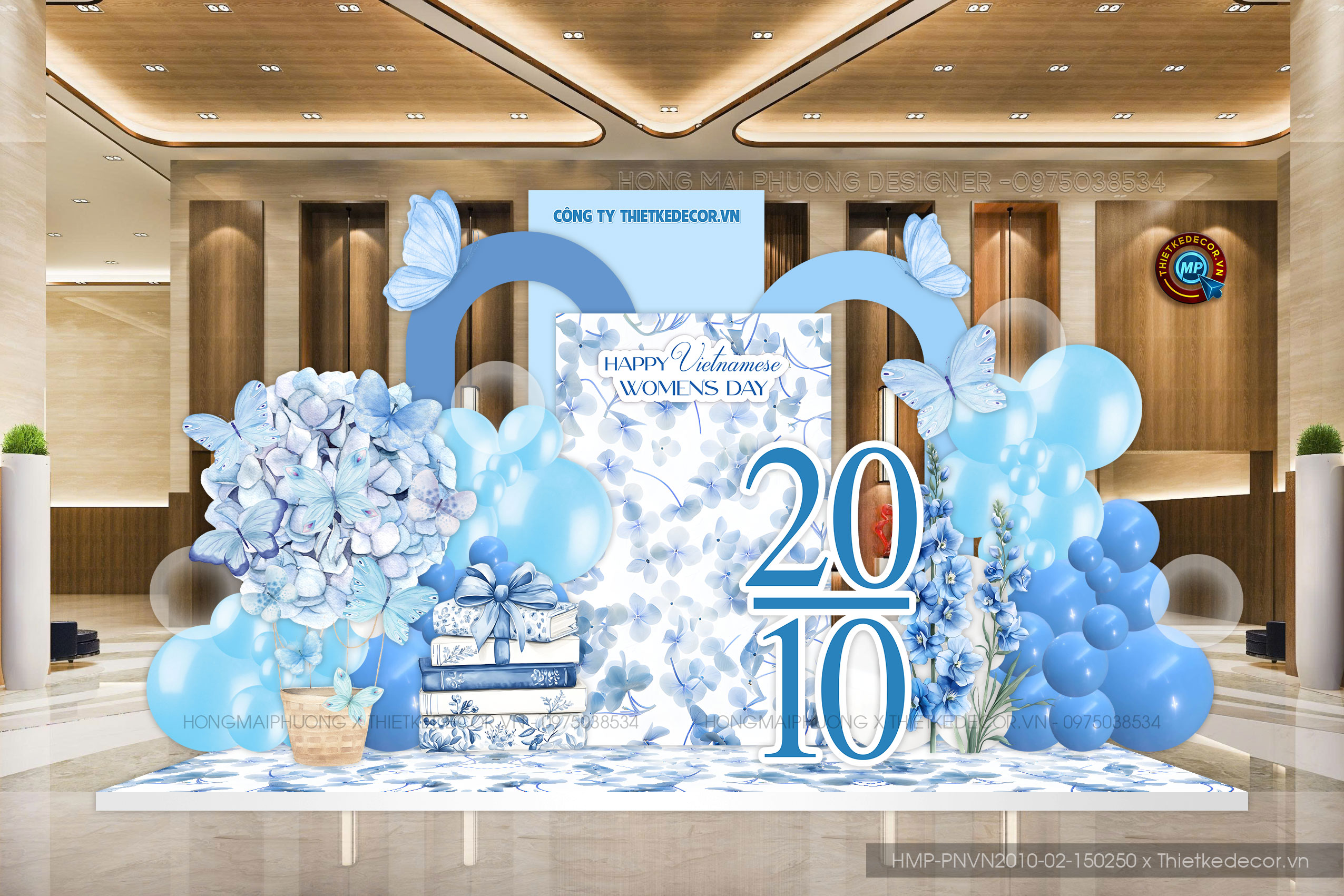 Backdrop check in Ngày Phụ nữ Việt Nam 20-10 tone xanh mix hoa bướm